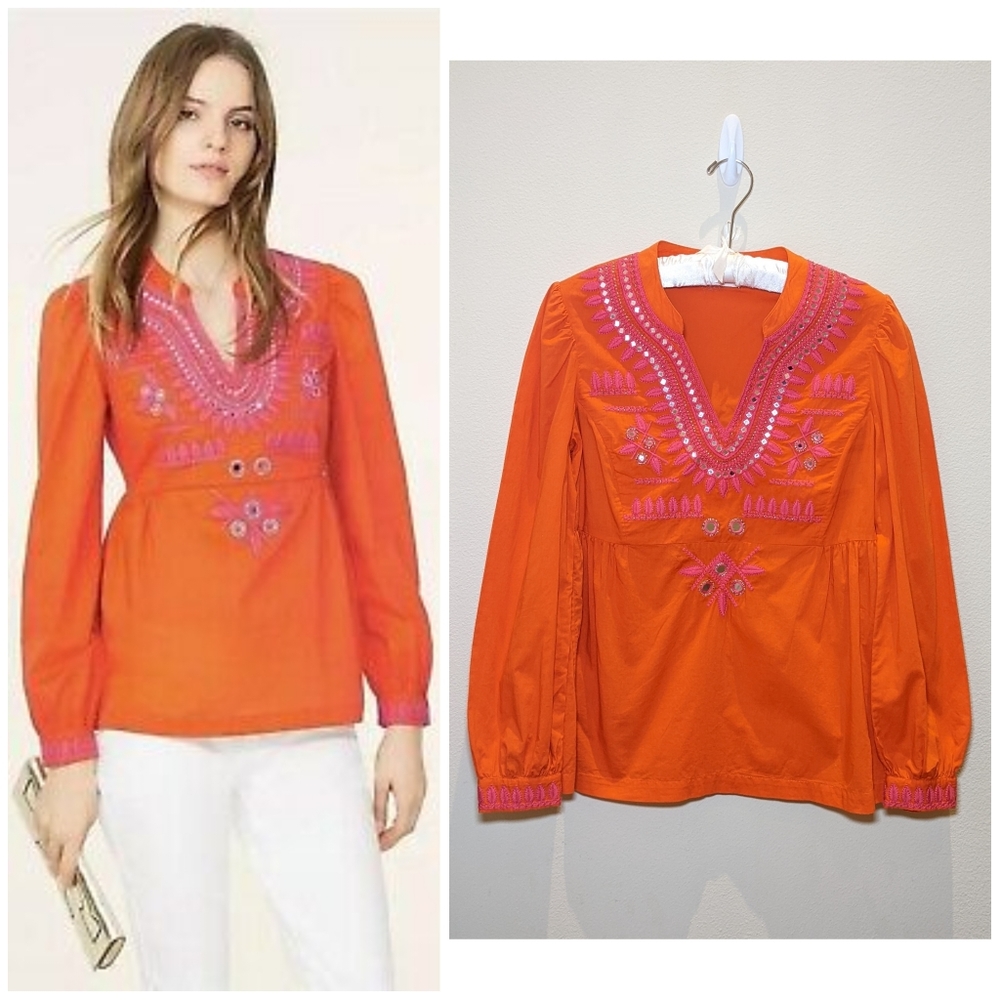 Embroidered V-Neck Orange Peasant Blouse